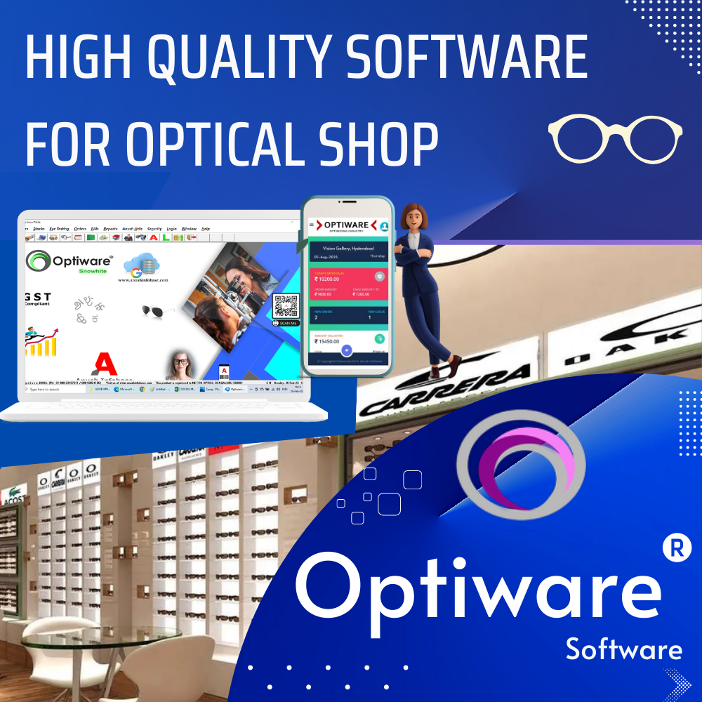 Product image - Optiware  is a ‘high quality optical shop management software’ that helps Optical stores to manage their daily business flow in a very easy manner.
Optiware is designed to manage Sales via Spectacle orders, Contact lens orders, Deliveries, Stocks, plus Barcoding.
Optiware is extremely easy to use for purchases with stock management of Frames, contact Lens, Sunglasses, Solutions, spectacle Orders, delivery & Billing.